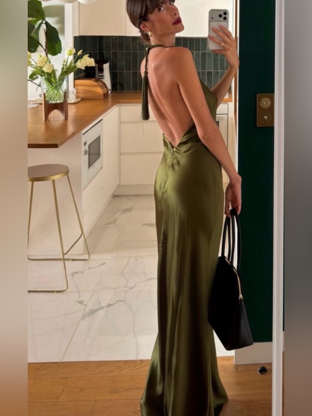 Reformation - Elegant Olive Green Backless Satin Halter Dress (US 8) [NWT] - Picture 3 of 6